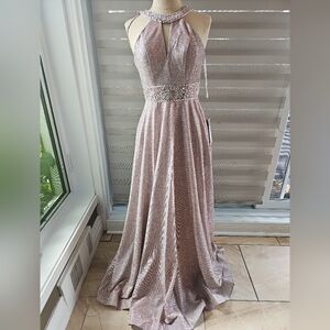Cindy Collections Glamorous Halter Neck Gown in Shimmering Champagne Size‎ S